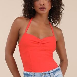 Lulus Amberlyn Bright Red Halter Neck Bodysuit - Size M